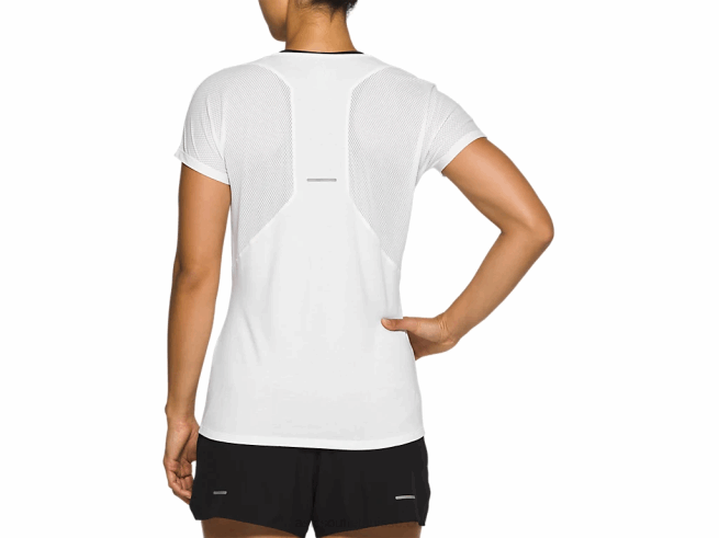 haut à manches courtes et col en V pour femmes blanc brillant Asics L6N0K4141