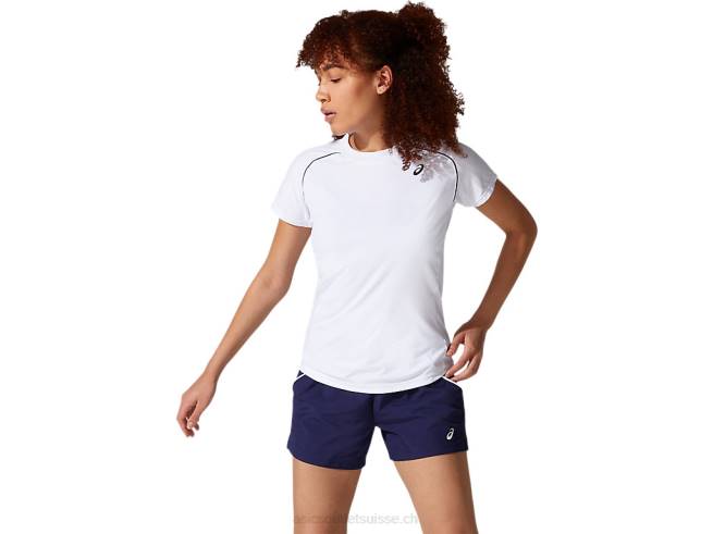 t-shirt passepoilé femme blanc brillant Asics L6N0K3880