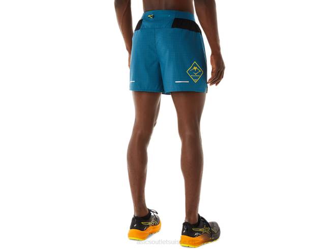 short à logo fujitrail pour hommes bleu sarcelle d'encre/jaune doré Asics L6N0K479