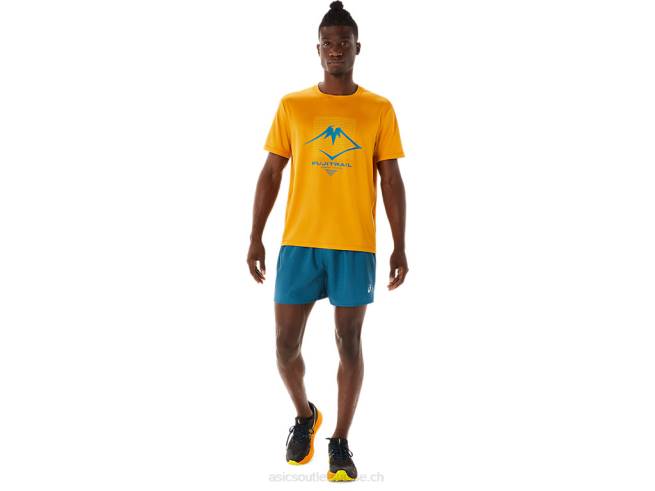 short à logo fujitrail pour hommes bleu sarcelle d'encre/jaune doré Asics L6N0K479